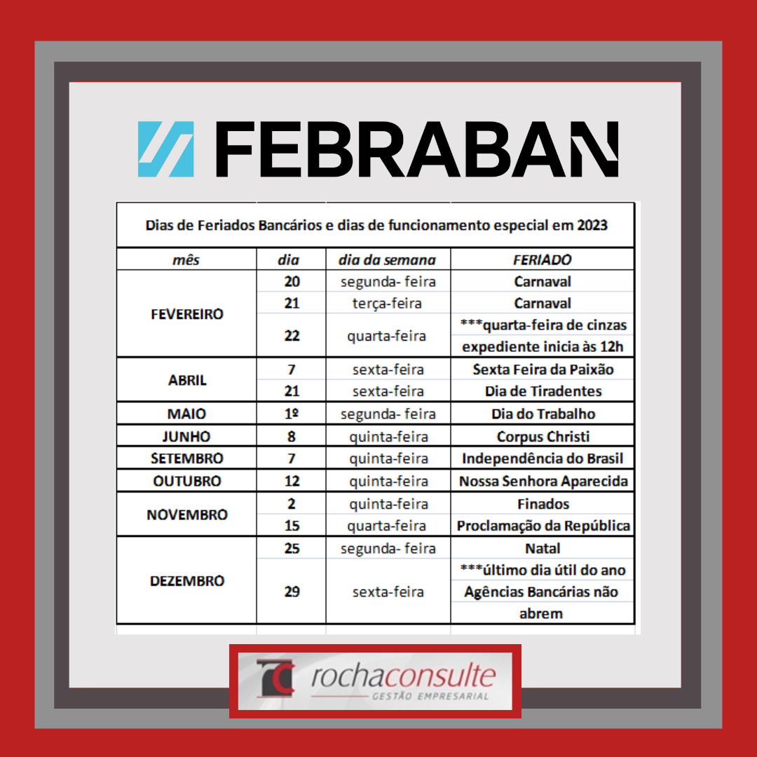 FEBRABAN divulga calendário de feriados bancários em 2023. Rocha Consulte